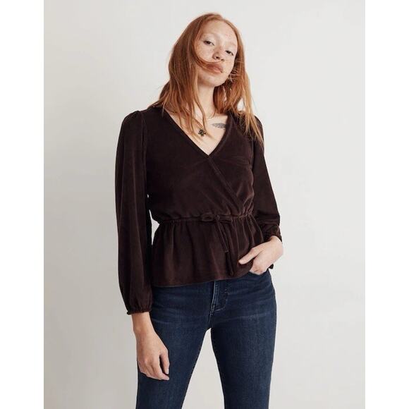 Madewell Tops - Madewell Corduroy Fuji Wrap Front Tie Top Size M Brown Raisin Stretch